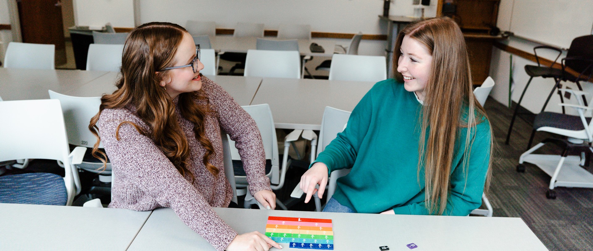 Two women talking at table