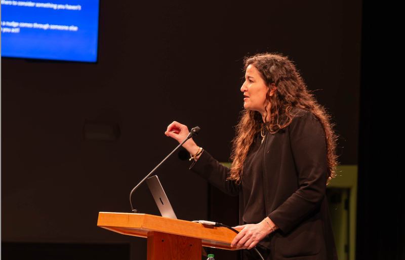 Liz Darger gives the Mary Lou Fulton Lecture in the auditorium of the JSB